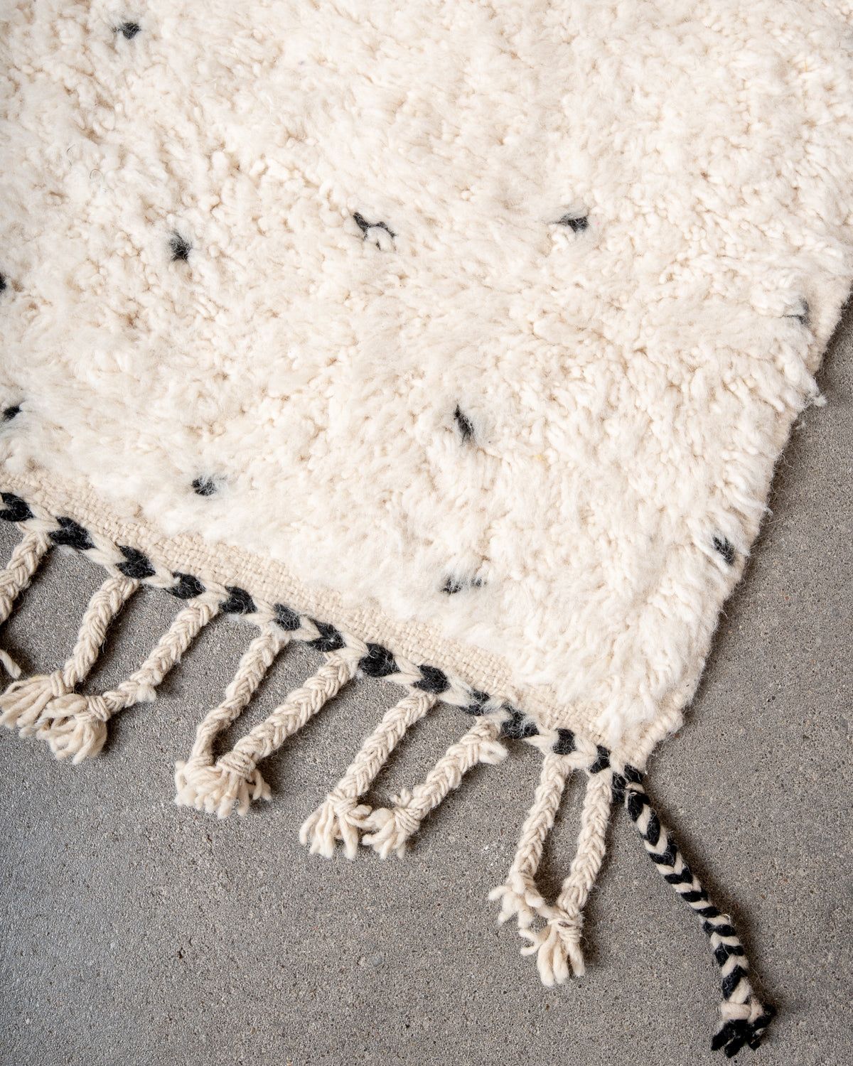 Modern, designer, handcrafted Berber rug from Morocco. Beniourain carpet with beautiful colours and patterns and fluffy wool texture.